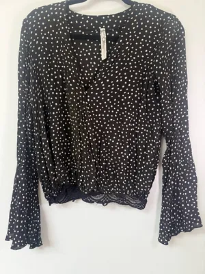 Free People Black and White Polka Dot Long Sleeve Blouse Women size Small thumbnail 1