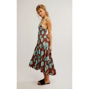 Free People Bohemian Beachy Hawaiian Adriel Midi Dress Brown Blue Floral Small thumbnail 13