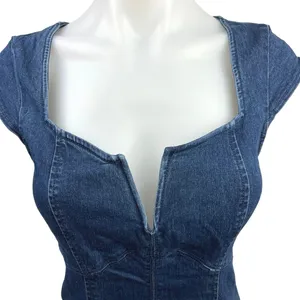 Free People Denim Jean Lia Split Neck Cap Sleeve Stretch Mini Bodycon Dress XS thumbnail 13