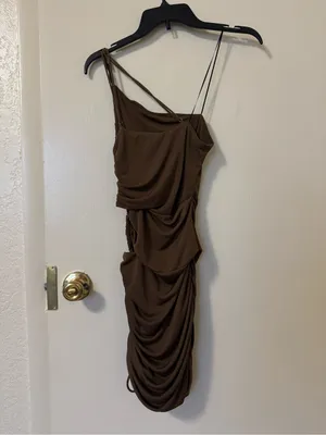 ZARA Brown Asymmetric Draped Mini Dress Size XS thumbnail 4