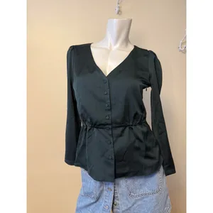 J.Crew Womens Long Sleeve V-Neck Button-Up Peplum Blouse Size 2 Deep Green thumbnail 4