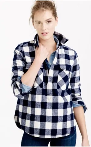 J.‎ Crew Blue Buffalo Plaid Flannel Wool Blend Half Zip Popover Shirt Jacket XS thumbnail 1
