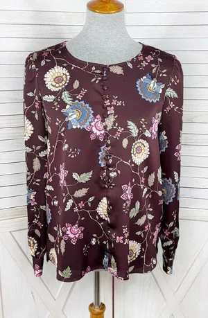 Vince Camuto Floral‎ Puff Sleeve Button Front Blouse Brown Pink Small Wildflower thumbnail 1
