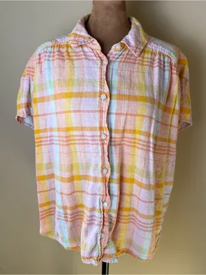 American Eagle Linen Blend Button Down Shirt Womens Small Orange Pink Plaid Boxy thumbnail 1