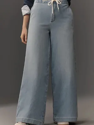 Pilcro Anthropologie Wide Leg Denim Knit Pants L High Rise Pull On Jeans thumbnail 5