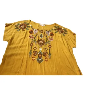 Solitaire Mustard Yellow Embroidered Boho Blouse Rayon Short Sleeve Top 21-232 M thumbnail 6