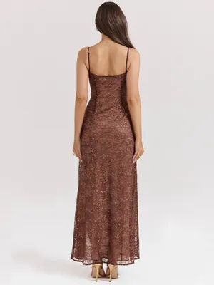 House of CB LUCIANNA Espresso Lace Maxi Dress Small thumbnail 3