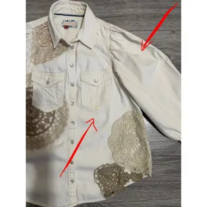Pilcro Anthropologie XS Shirt Crochet Lace Patchwork‎ Denim Cream Puff Sleeve thumbnail 9