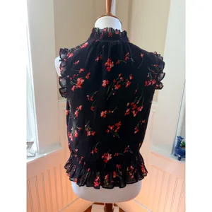 J.Crew Floral Smocked High Neck Ruffle Sleeveless Blouse Black Red Size 2 thumbnail 3