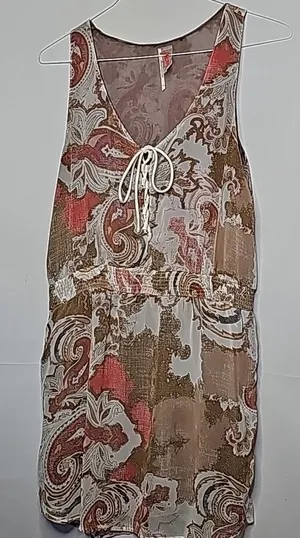 Free People boho paisley chiffon bohemian tie front tan pink dress sz Medium thumbnail 1