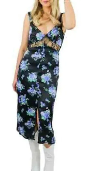 Revolve WeWoreWhat Cottagecore Black Blue Floral Satin Lace Midi Slip‎ Dress thumbnail 1