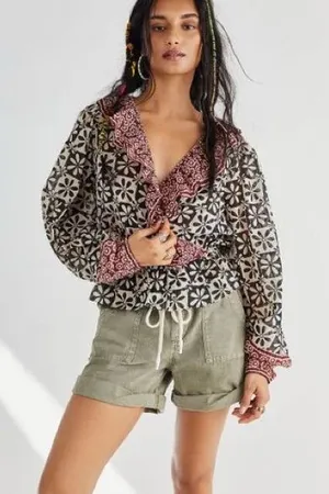 Free People‎ Mikaela Printed Wrap Top Size S Batik Floral Ruffle Boho Peasant thumbnail 1