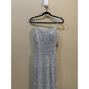 Betsy & Adam Ice Blue Silver All Over Sequin Slip Slit Formal Gown, 4‎ thumbnail 5