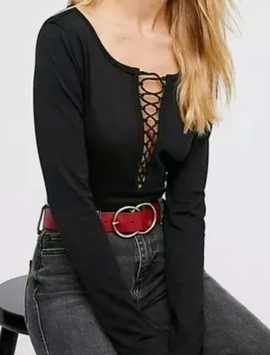 NEW Free People Jacqui Black Lace Up Layering Top size XS thumbnail 1