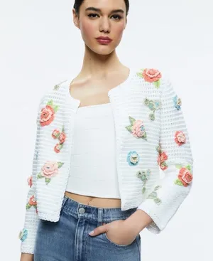 NWT Alice + Olivia ANDERSON CARDIGAN White Multi Roses M thumbnail 1