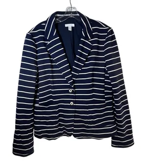 Charter Club Womens Navy Blue White Striped Knit‎ Blazer Jacket XL thumbnail 1