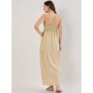 SIM & SAM Tan Linen Blend Tiered Maxi‎ Sundress Tie Front Spaghetti Straps Small thumbnail 3