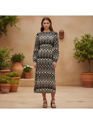 Zara Printed Midriff Cutout Brown Cream Ikat Tribal Puff Sleeve Maxi Dress Sz S thumbnail 2