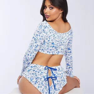 NWT Savage X Fenty Blue White Floral Velvet Off Shoulder Crop Top XS thumbnail 9