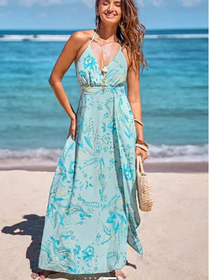 NWT Cupshe Dusk Delight Tropical Maxi Dress Blue Size S thumbnail 2