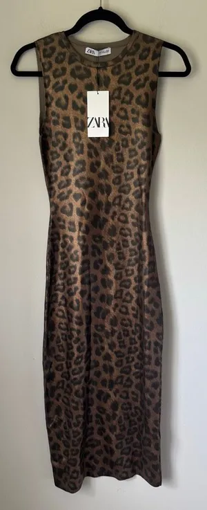 Zara Leopard Print Foil Knit Midi Dress Size S NWT thumbnail 1