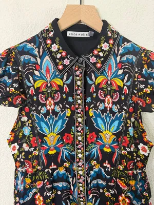 Alice + Olivia‎ Meeko Embroidered Tiered Floral Print Crepe Mini Shirt Dress 4 thumbnail 6