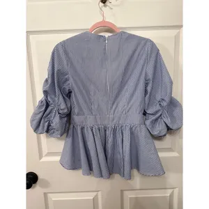 DO+BE Blue/White Boutique Pinstripe Ruffled Sleeve Plunge Top, S thumbnail 7