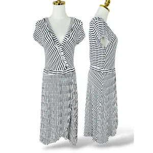 Maeve Anthropologie Womens Black White Striped Faux Wrap Midi Dress Medium A35 thumbnail 9
