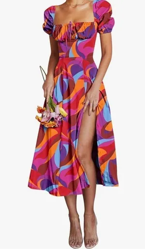 NEW Puff Sleeve Midi Square Neck Cottagecore Dress L thumbnail 1