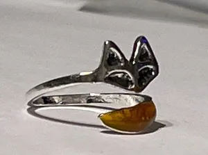 Fox ring with amber tail 5, 6, 7, 8, 9 adjustable size silver metal orange gift thumbnail 4