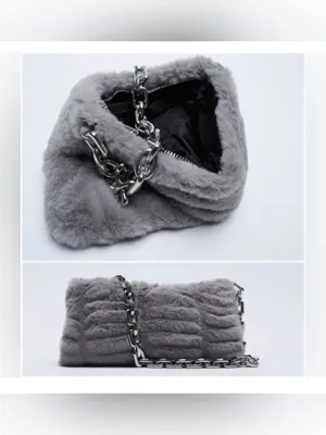Zara Grey Faux Fur Shoulder Bag with Silver Chain thumbnail 3