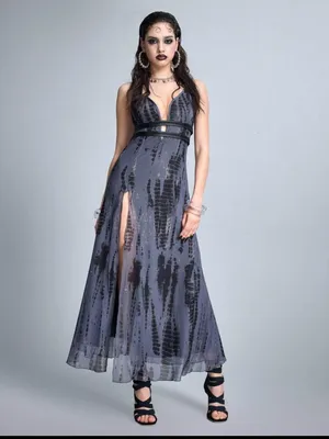 Sleek Gray Grunge Goth Plunge Maxi Dress with High Slit New thumbnail 6