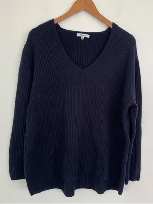 Madewell Woolside Pullover V-neck Sweater in Navy Blue XL Ribbed Texture Knit thumbnail 1