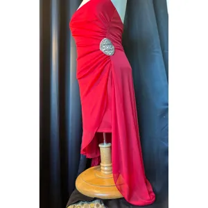 Red Strapless Ruched High Low‎ Evening Gown with Crystal Brooch Accent thumbnail 2
