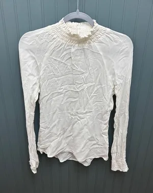 Reformation Ivory Smocked Mock Neck Long Sleeve Viscose Top Small‎ White Crepe thumbnail 1