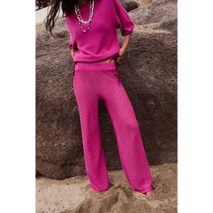 Free People Beach Sola Fiji Hot Pink Open Knit Wide Leg Pants Medium NWOT thumbnail 11