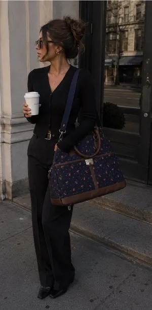 Navy Floral Travel Weekender Bag with Brown Trim thumbnail 1