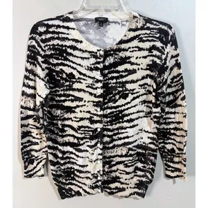 Talbots Cardigan Sweater Womens S Black Cream Excellent Tiger Stripe Button Up‎ thumbnail 3