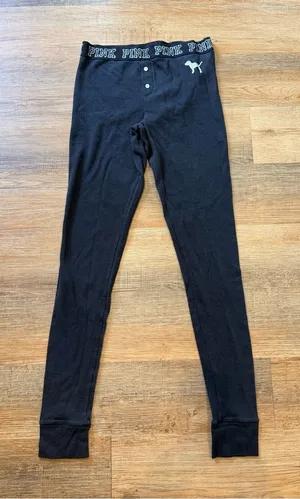 PINK Victoria's Secret Black Logo Thermal Leggings with Button Front thumbnail 1