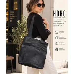 HOBO International Black Leather Tote Shoulder Bag Large Pocket Vintage thumbnail 2