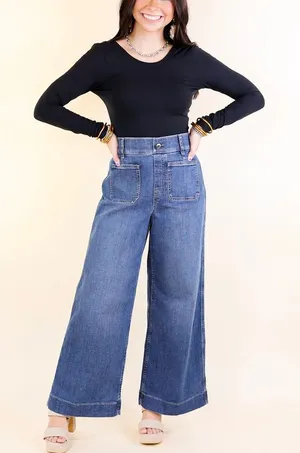 Spanx Everywear Cropped Wide Leg Denim Blue Jeans with Patch Pockets Large thumbnail 1