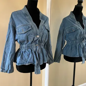 Drop Shoulder Denim Jacket Coat Trench Cardigan Blouse Loose Slim Waist thumbnail 2