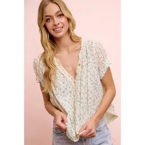 BiBi Floral Crinkle Neckdrop Short Sleeve‎ Blouse Top - Large thumbnail 2