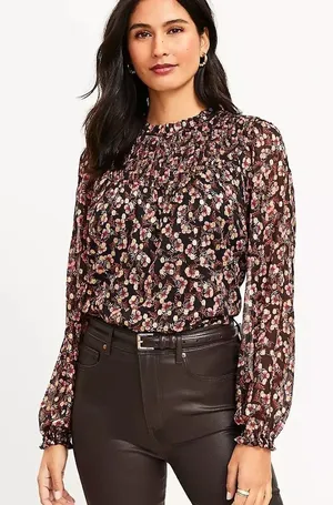 NWT Loft Shimmer Vine‎ Pleated Yoke Blouse Black Long Sleeve Top thumbnail 1