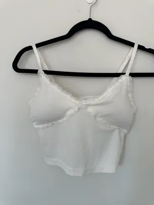 Shein Ribbed Lace Trim Crop Cami Size S White thumbnail 2