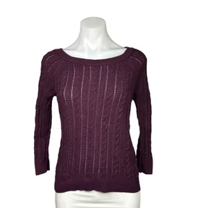 American Eagle Y2K Maroon Red Crochet Cable Knit Long Sleeve Sweater Top XS thumbnail 2