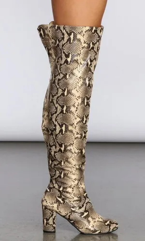 Thigh High Snakeskin Print Boots Women’s Size 6.5 EUC block heel almond toe thumbnail 5