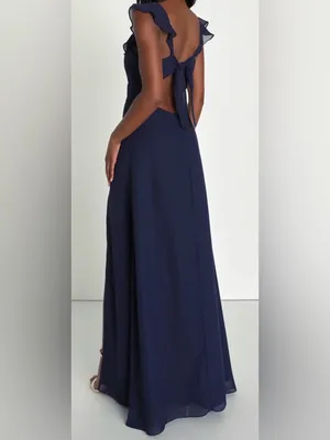 Lulu's Sweetest Entrance Deep Navy BlueRuffled Shoulder Tie-back Maxi Dress thumbnail 2