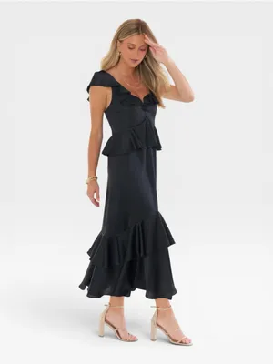 Show Me Your Mumu Reese Ruffle Black Satin Maxi Dress XS NWT thumbnail 3