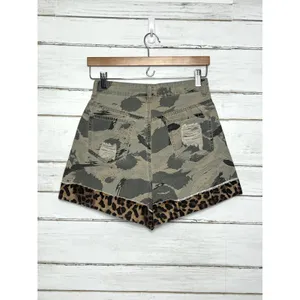 POL Camo Leopard Denim Shorts Size S Distressed Raw Hem Mixed Print Boho Shorts thumbnail 3